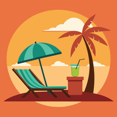 Sunset in sea beach tropical place scene color vector illustration
