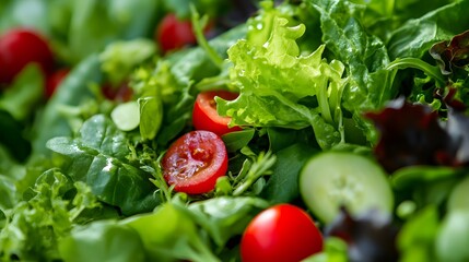 A close-up of a vibrant green salad with fresh, homegrown vegetables