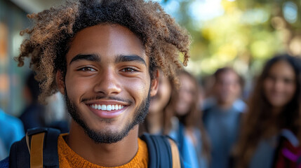 photo of group of cheerful young people of different nationalities in park, friends, students, diversity, smiling girl, boy, man, woman, friendship, teenagers, youth, hiking, walk, portrait, face