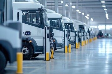 Electric trucks at charging stations in warehouse