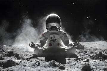 Astronaut in Space Suit Meditating on Lunar Surface in Solitary Contemplation
