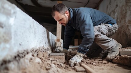 Worker performing excavation and foundation repair in a building basement during daylight hours
