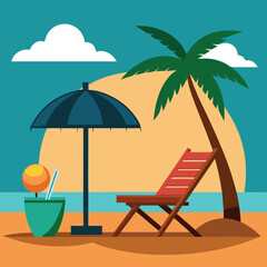 Sunset in sea beach tropical place scene color vector illustration
