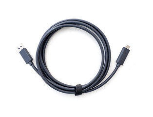 Twisted cable with standard USB and USB-C Type-C plugs isolated on white