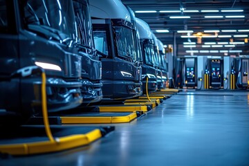 Electric buses charging at modern bus depot