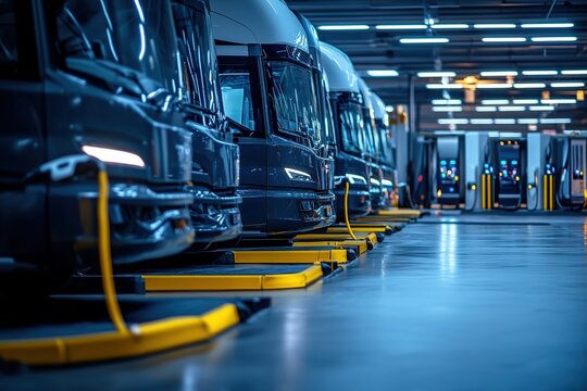 Electric buses charging at modern bus depot