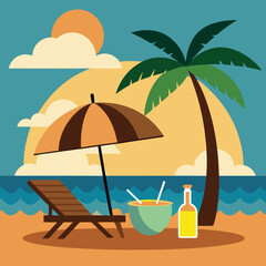 Sunset in sea beach tropical place scene color vector illustration