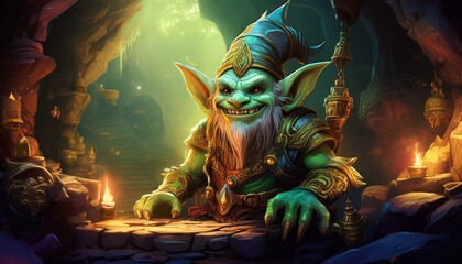 Naklejka premium the goblin in the cave with the treasure