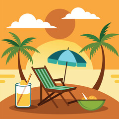 Sunset in sea beach tropical place scene color vector illustration