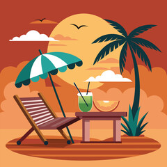Sunset in sea beach tropical place scene color vector illustration