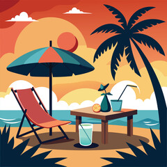 Sunset in sea beach tropical place scene color vector illustration