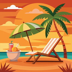 Sunset in sea beach tropical place scene color vector illustration