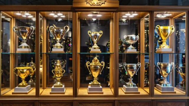 Collection of Golden Trophies in a Glass Display Case