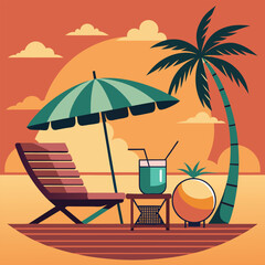 Sunset in sea beach tropical place scene color vector illustration
