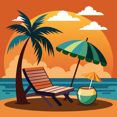 Fototapeta premium Sunset in sea beach tropical place scene color vector illustration