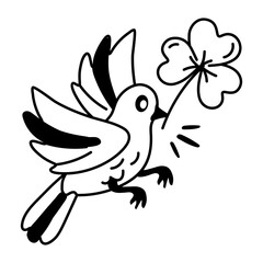 Doodle style icon of luck bird flying with shamrock leaf 