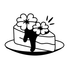 Doodle style icon of patrick cake with shamrock leaves topping 