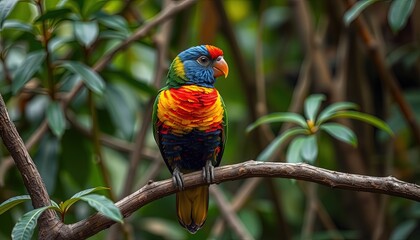 Obraz premium colored beautiful bird sitting on the tree in the jungle, colored wild bird, colored wild bird sitting on the branch of tree in jungle