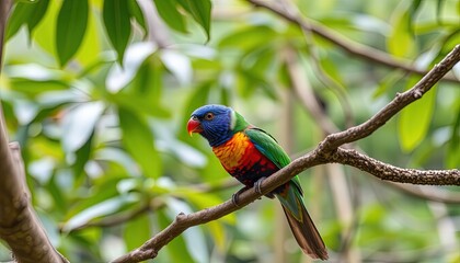 colored beautiful bird sitting on the tree in the jungle, colored wild bird, colored wild bird sitting on the branch of tree in jungle