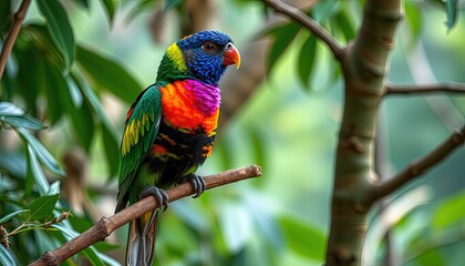 colored beautiful bird sitting on the tree in the jungle, colored wild bird, colored wild bird sitting on the branch of tree in jungle