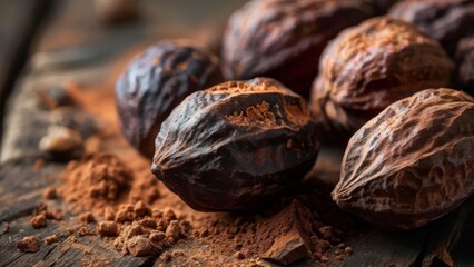 Obraz premium Photo of cocoa fruits, powder and dried berries on the background of an old tree.