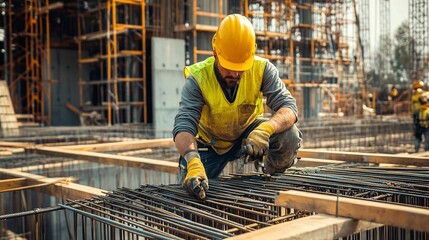 A construction worker wearing a yellow hard hat and safety vest is working on a building site, handling steel rebar. 