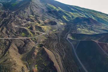 Aerial view of Etna Volcano crater  near Catania, Italy, Sicily.. Silvestri lava volcanic crater at...