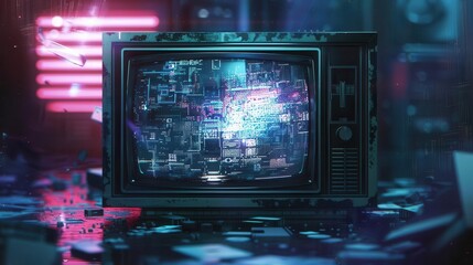 Obraz premium cyberpunkinspired glitched television screen with vibrant neon pixel distortions creating a chaotic abstract pattern of digital decay and technological malfunction