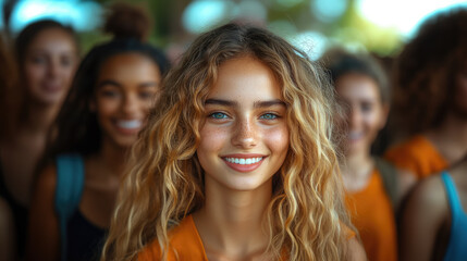 Fototapeta premium photo of group of cheerful young people of different nationalities in park, friends, students, diversity, smiling girl, boy, man, woman, friendship, teenagers, youth, hiking, walk, portrait, face