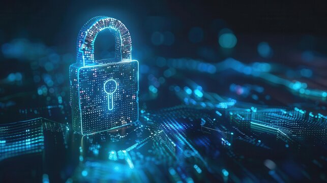 cybersecurity concept glowing blue digital padlock protecting binary code streams dark background with futuristic interface elements conveys strength and impenetrability of digital defenses