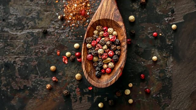 Exploring vibrant spices arranged on a wooden spoon with colorful spices scattered around