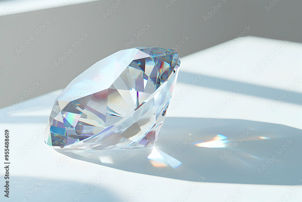 Wall mural A large, clear diamond gemstone on a white surface.