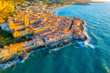 Old town of Cefalu, medieval village of Sicily island, Province of Palermo, Italy. Aerial