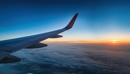 wing of airplane flying in cloudless evening sunset sky.	