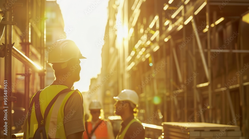Aufkleber diverse construction team collaborating on site workers in hard hats and safety vests engaged in ani