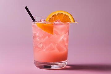 A glass of pink drink with a slice of orange on top. The drink is served in a short glass with a black straw