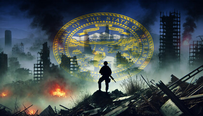 A lone soldier surveys a city in ruins, with the Nebraska flag faintly overlaying the scene, representing the courage and determination of forces in times of war.