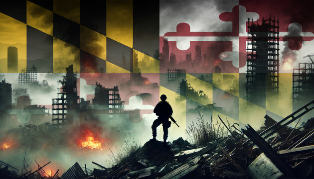 A lone soldier surveys a city in ruins, with the Maryland flag faintly overlaying the scene, representing the courage and determination of forces in times of war.