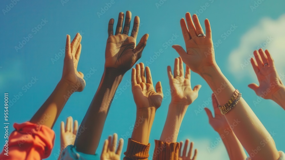Poster diverse hands of all skin tones reaching skyward in unity powerful symbol of equality inclusion and 