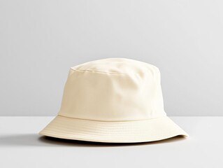 3D render of a blank beige bucket hat on a smooth grey surface, highlighting fabric texture and simplicity