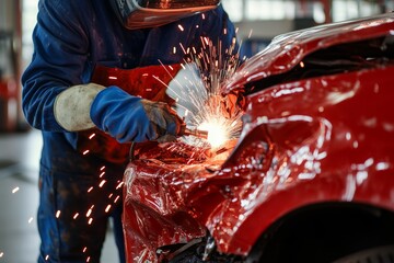 Expert technician repairs red passenger car body with professional tools in modern workshop setting