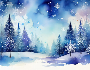 Obraz premium Winter landscape with snowflakes and fir trees in forest at night, christmas card