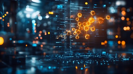 Obraz premium Futuristic 3D Molecular Structure Visualization Showcasing AI-Driven Battery Technology Advancements in Dimly Lit Research Facility