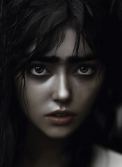 A wallpaper depicting a woman's emotional expression, crying in the rain, with a sad and dim background.