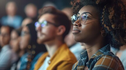 Obraz premium dynamic conference scene capturing engaged attendees listening intently to an unseen speaker with diverse faces showing rapt attention and the energy of shared learning