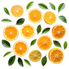 Obraz premium flat-lay-view-slices-oranges-with-green-leaves