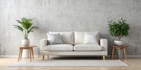 Minimalist Living Room with White Sofa and Concrete Wall, White Sofa, Concrete Wall, Living Room Interior, Minimalist Design