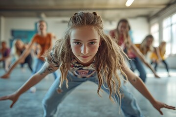 Confident teenage girl rehearsing breakdance with group in dance studio with copy space