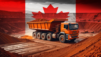 A large dump truck in an open-pit mine with the Canada flag superimposed, symbolizing the strength and scale of mining industry and its contribution to the economy.