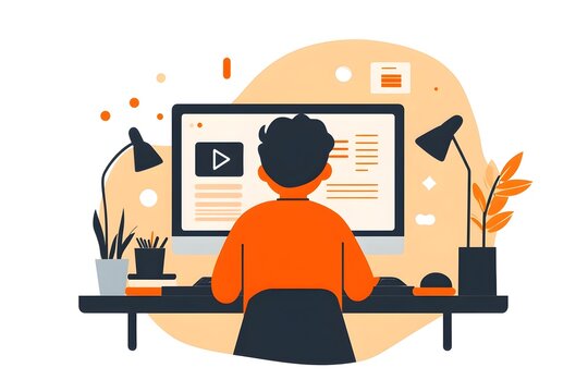 A line icon of a person watching a video on a computer screen, representing the concept of video marketing strategy and digital content engagement